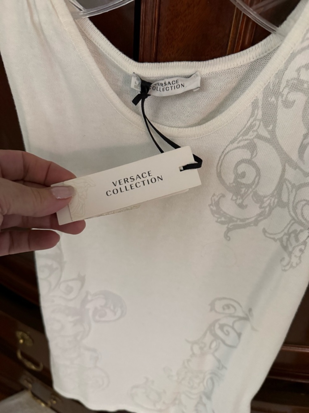 Versace Collection Cream Tank Top with Light Gray Baroque Print